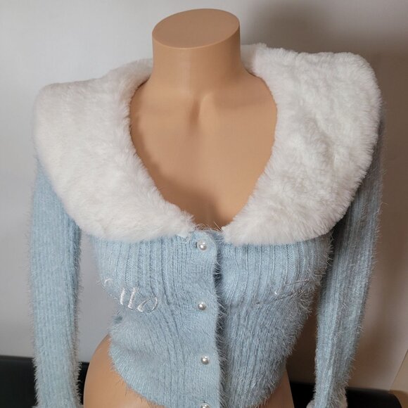Hello Kitty & Friends X Forever 21 Blue Knit Cardigan W/Faux Fur Collar & Cuff - Picture 1 of 16